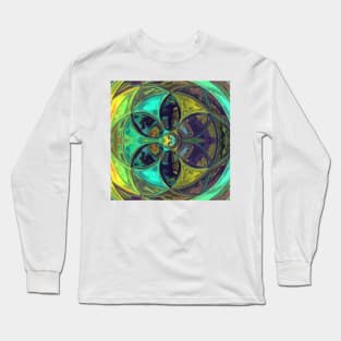 Mosaic Kaleidoscope Flower Blue Yellow and Green Long Sleeve T-Shirt